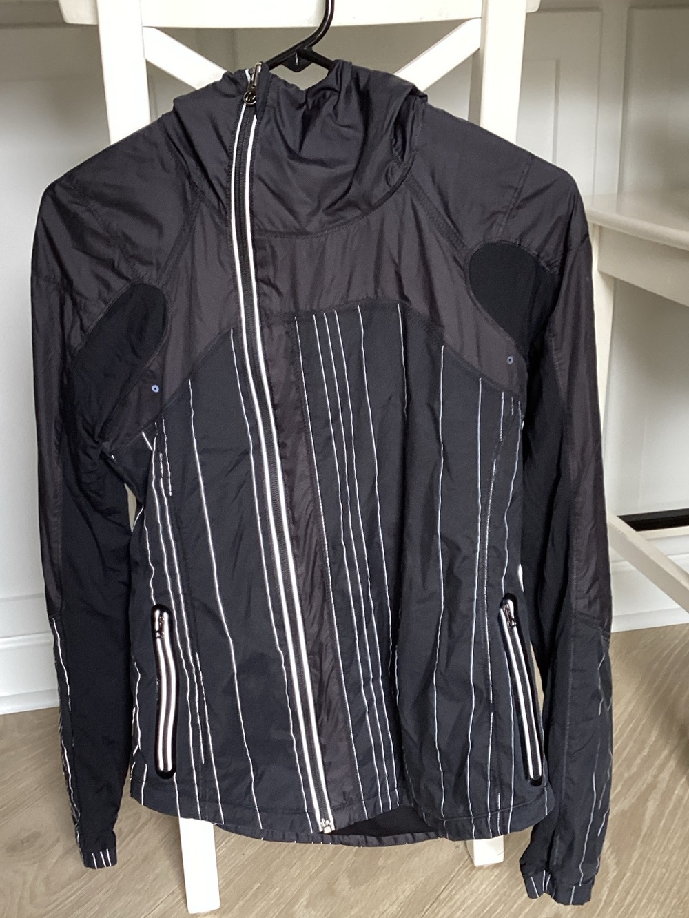 lululemon athletica Black Hooded Windbreaker with Reflective Pinstripes